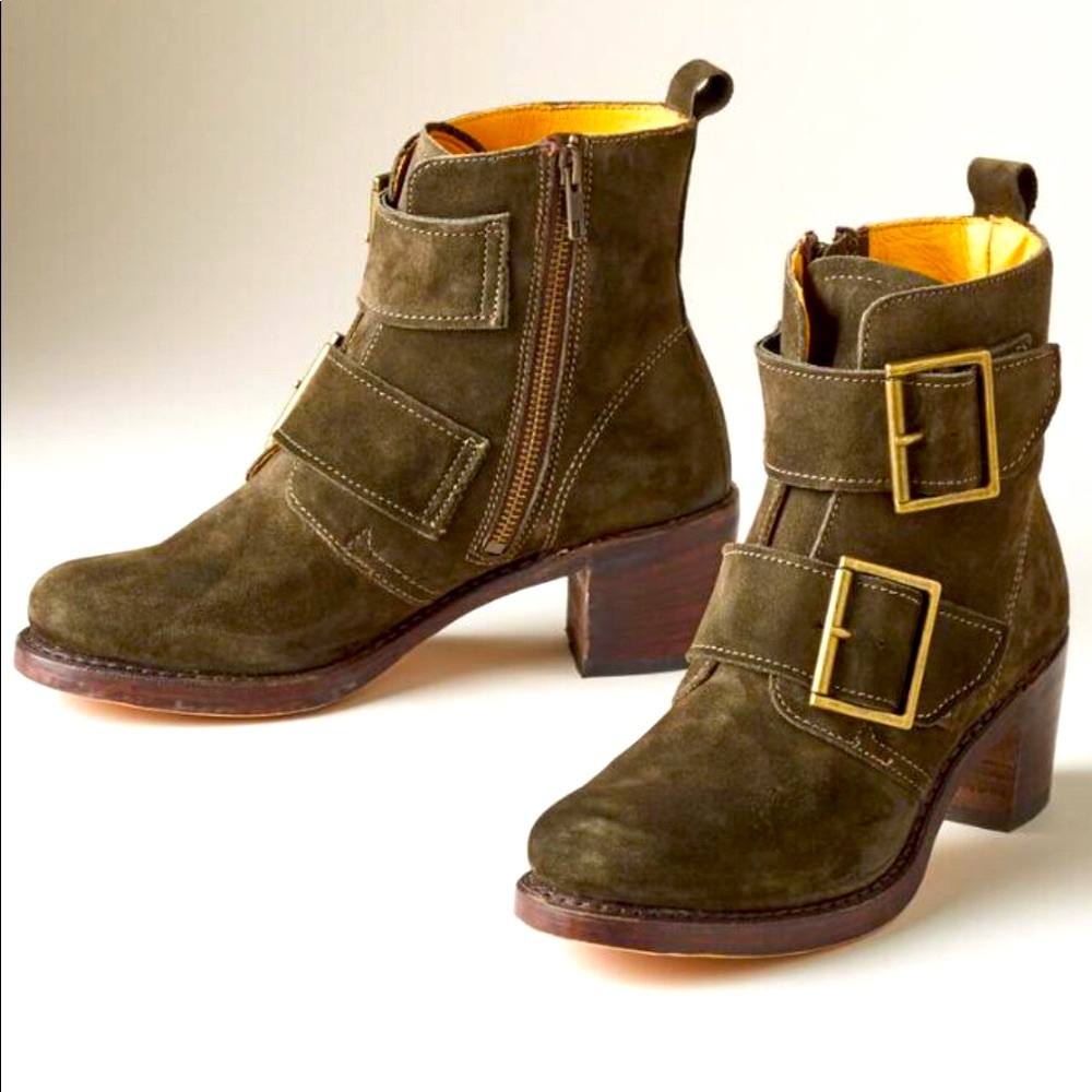 FRYE SABRINA DOUBLE BUCKLE GREEN SUEDE BOOTIES Sz6